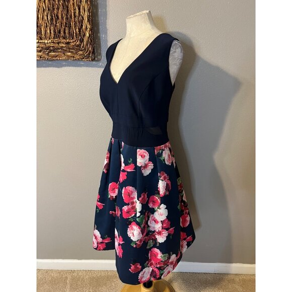 XScape A Line Dress 16W Navy Blue Floral Stretch Career Church Wedding Party - Picture 5 of 9